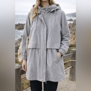 Women's Light Gray Hooded Trench Coat with Drawstring